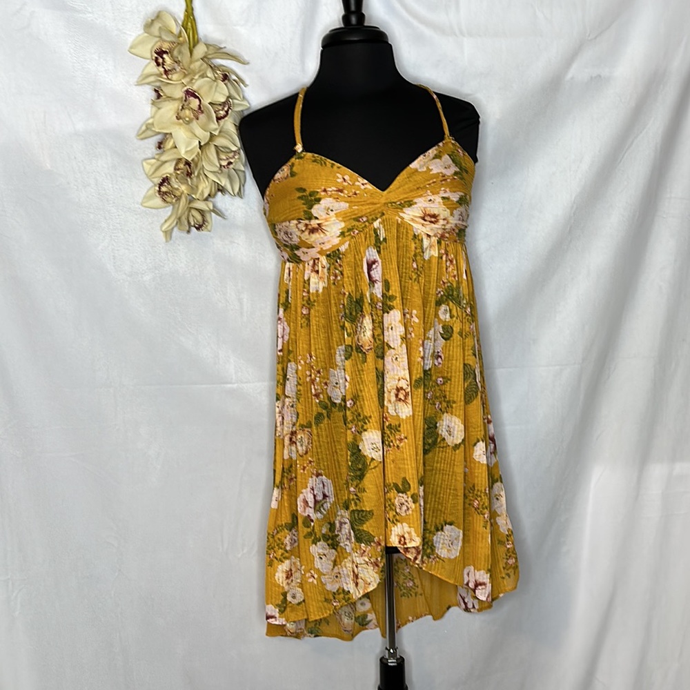 Free People Mustard Floral Spaghetti-Strap Tunic
